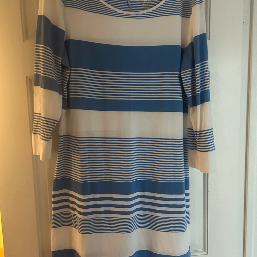 Lilly Pulitzer Blue and White Striped Women's Shift Dress, Large